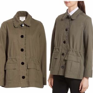 Kate Spade ruffle military jacket in olive green